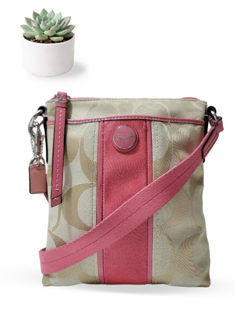 Coach Signature Stripe Swingpack Khaki Pink Crossbody Bag Lightweight Adjustable